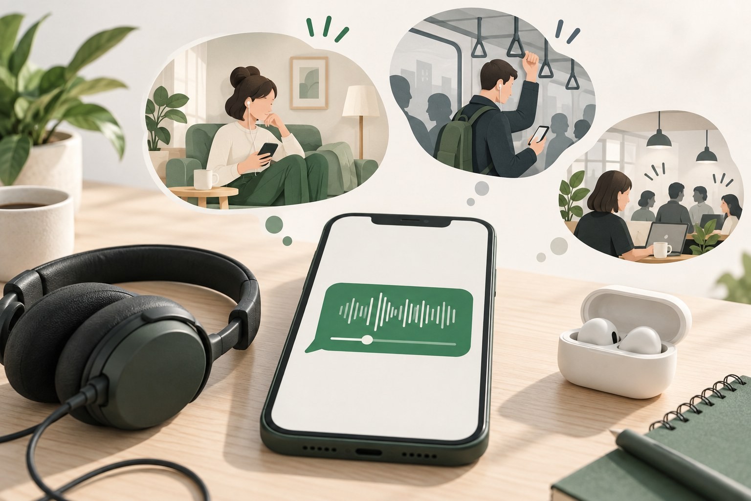 在合适环境中用耳机收听手机语音消息的示意