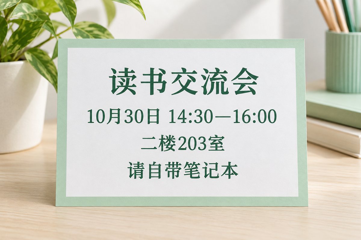 原创模拟读书交流会通知，列出日期时间地点及自带物品
