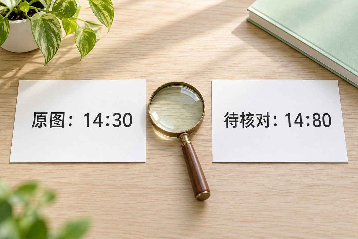 原图14:30与人为构造的待核对文本14:80并列比较