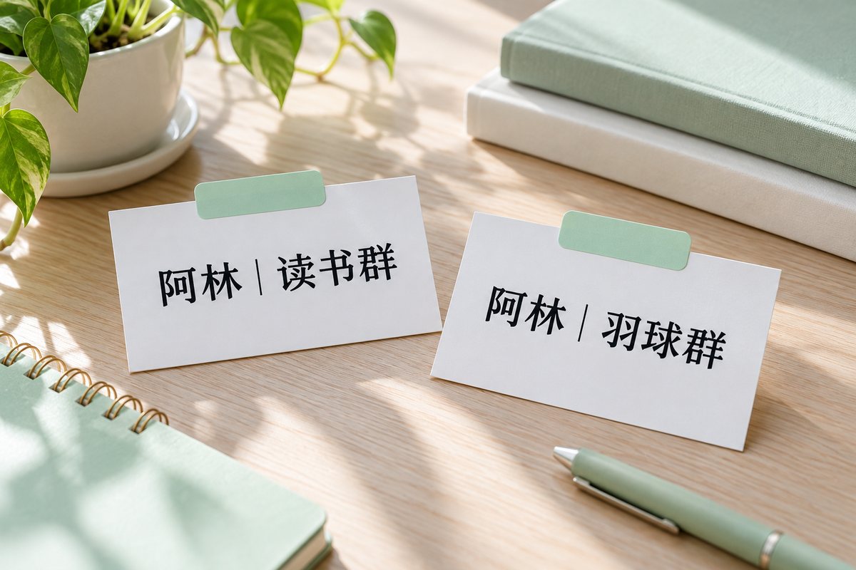 两张原创名称卡分别写阿林读书群和阿林羽球群