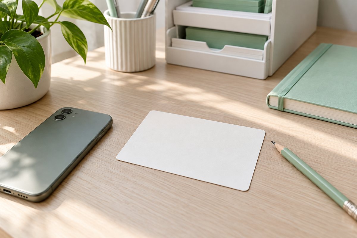 铅笔与单张空白备注卡放在手机旁